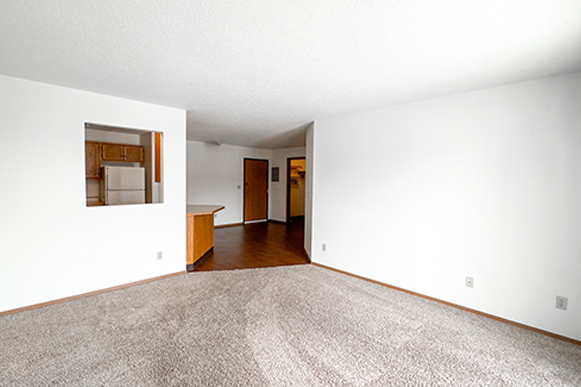 an empty living room with white walls and a carpet