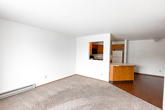an empty living room with a rug and a kitchen
