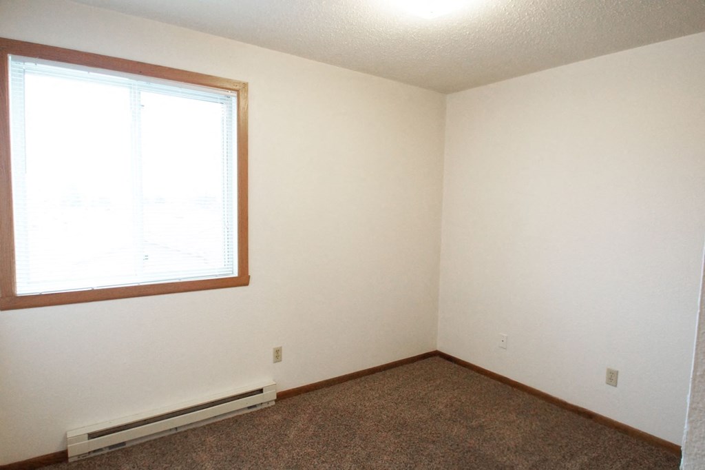 an empty room with a window and a carpet