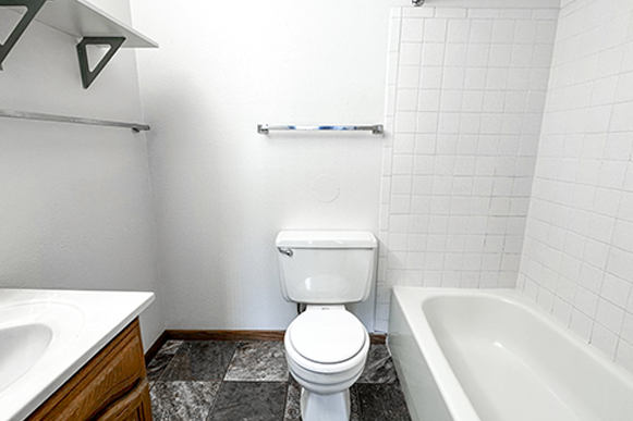 a bathroom with a toilet and a tub and a sink