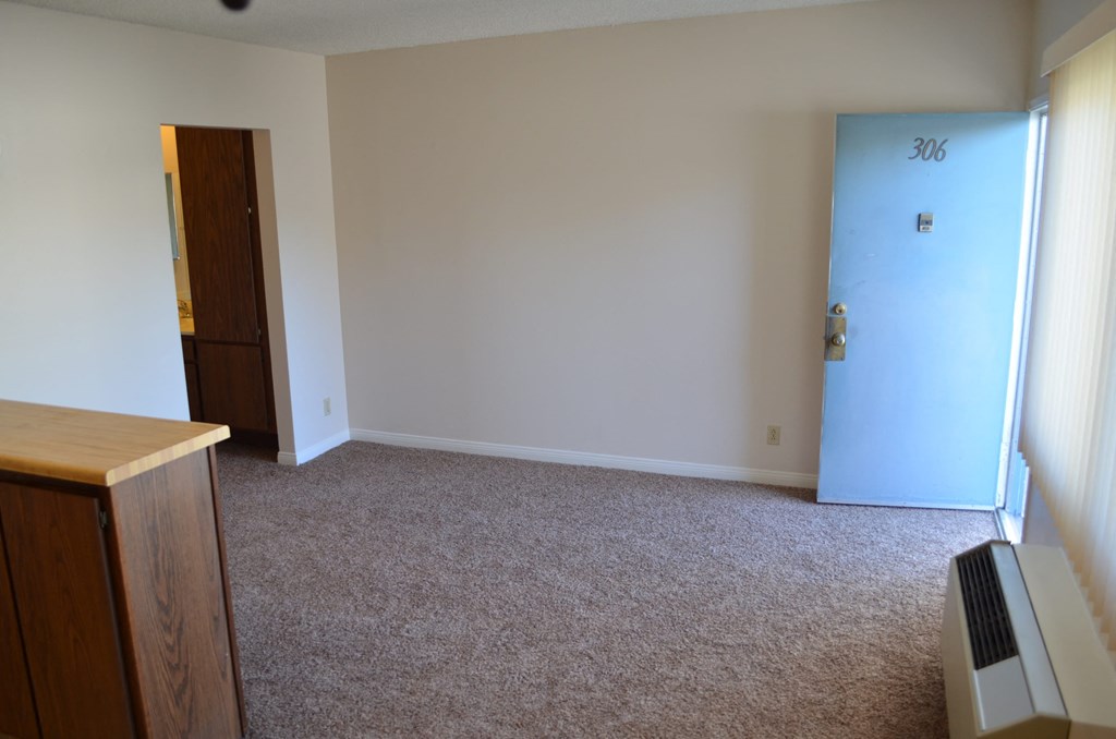 an empty room with a door and a carpeted floor