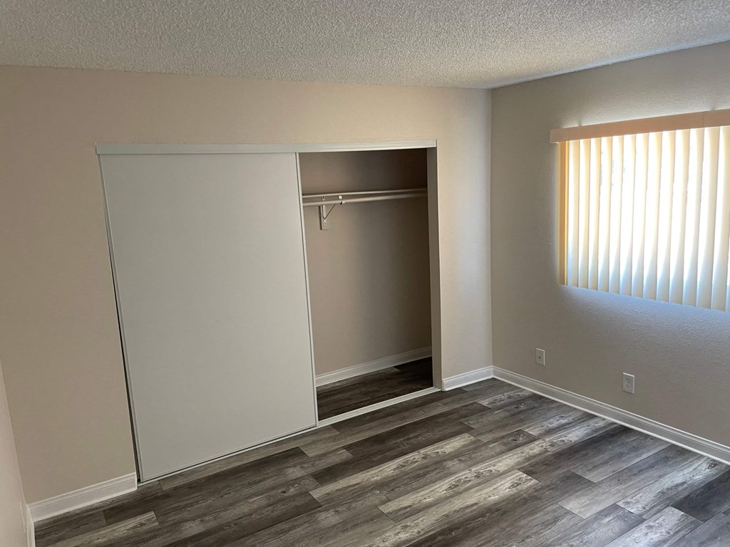 a bedroom with a closet and a window