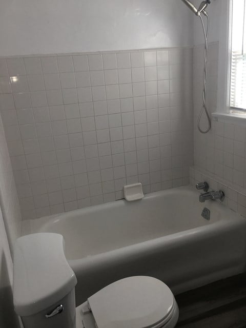 a bathroom with a toilet and a bath tub