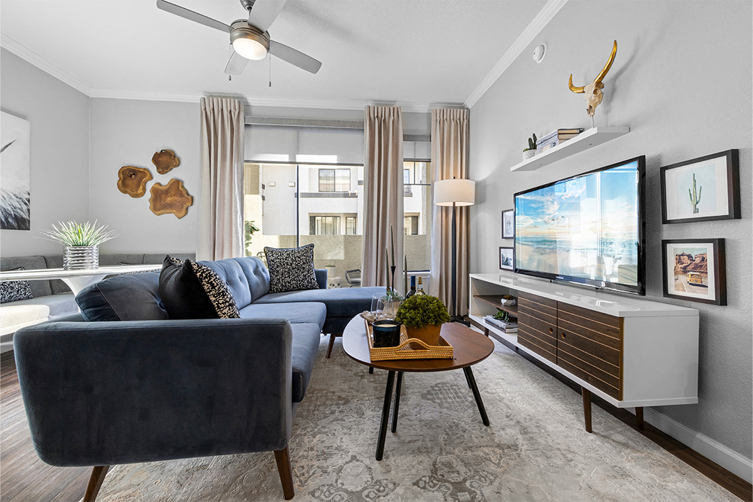 a living room with a couch and a tv