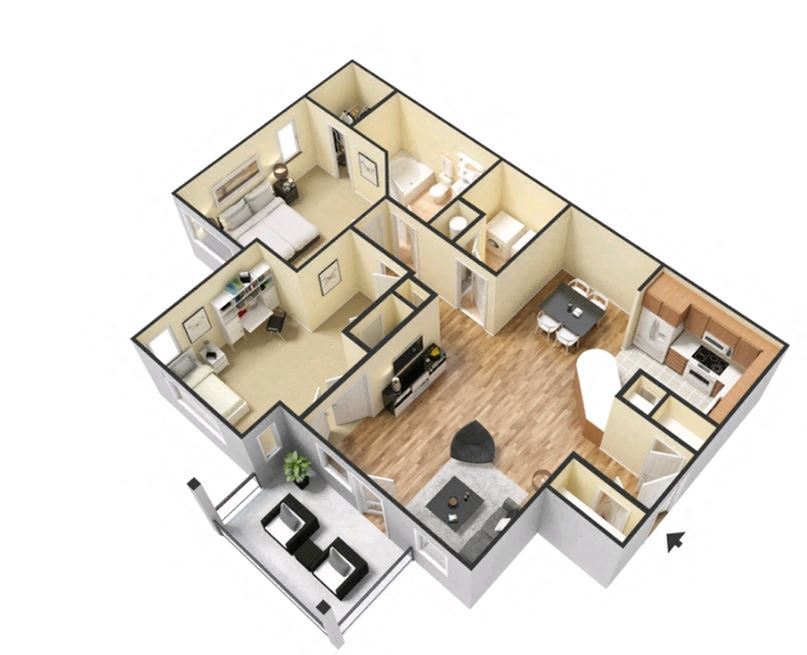 The Wycliff Floorplan 2 Bedroom 1 Bath 1090 Total Sq Ft at Lakeside at Arbor Place, Douglasville, GA, 30135