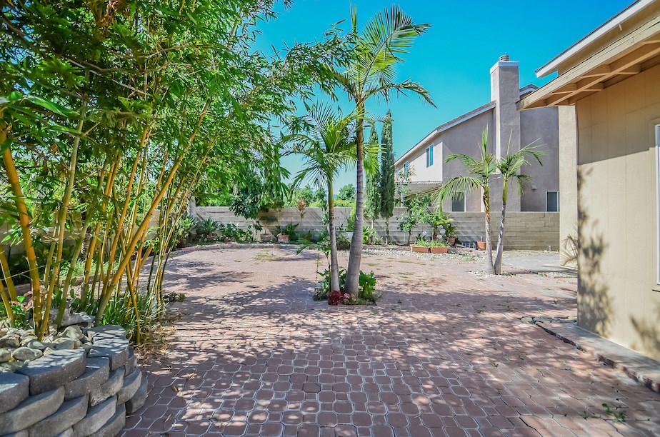 a yard with palm trees and a house in the background