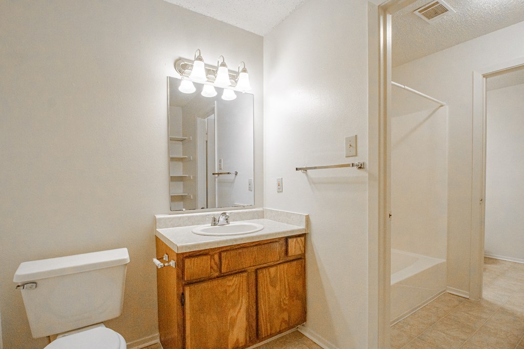 a bathroom with a toilet sink and mirror and a shower