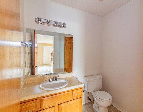 a bathroom with a sink toilet and a mirror