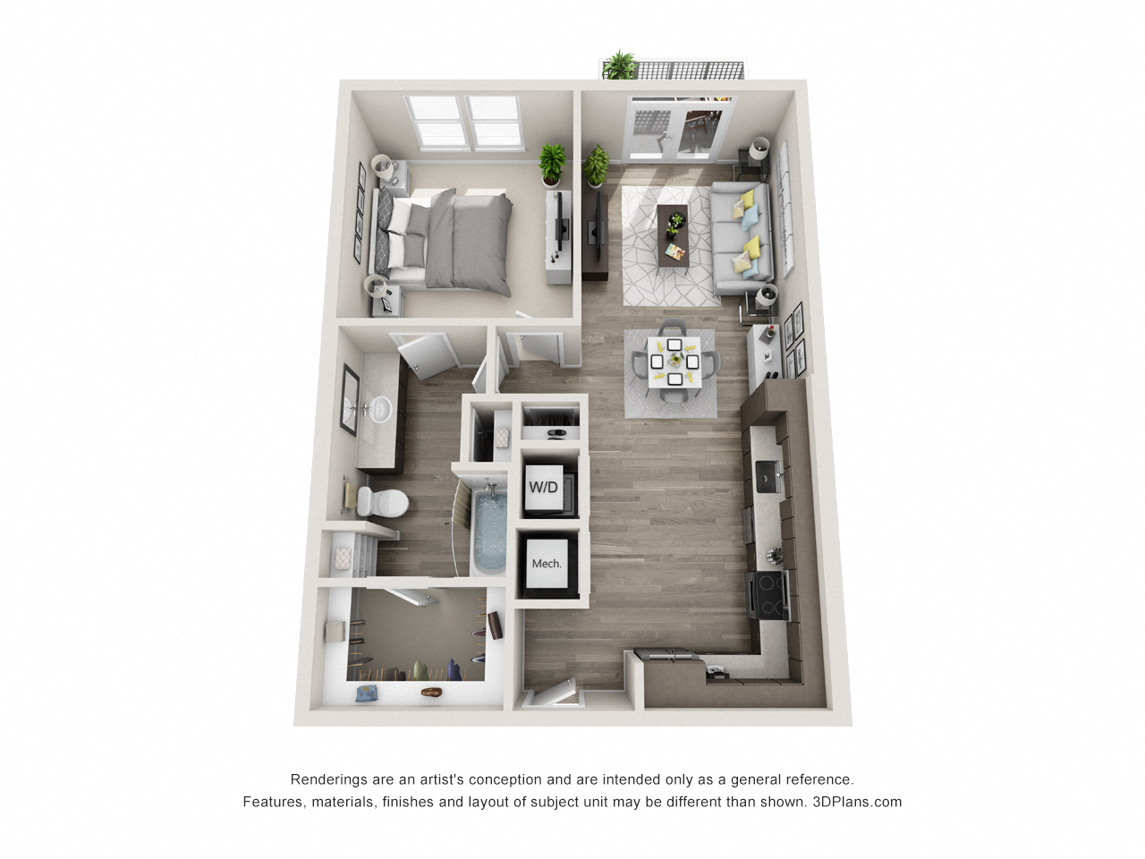 The Echo 3D with 1 bedroom, 1 bath. Kitchen with L shaped countertops open to Living room area