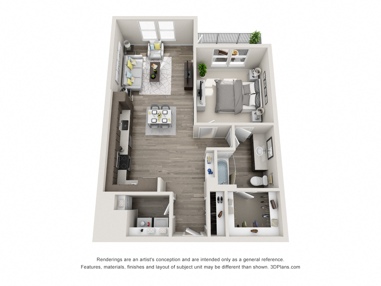 The Foxtrot 3D Floorplan with 1 Bedroom, 1Bath. Kitchen with L shaped Countertops open to Living Room Area.