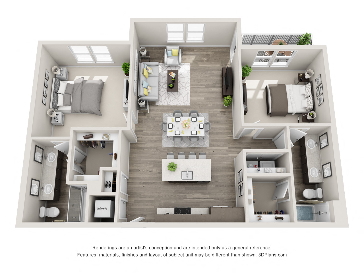 The Quebec 3D Floorplan with 2 Bedrooms, 2 Baths one with standalone shower. Kitchen with island open to Living area