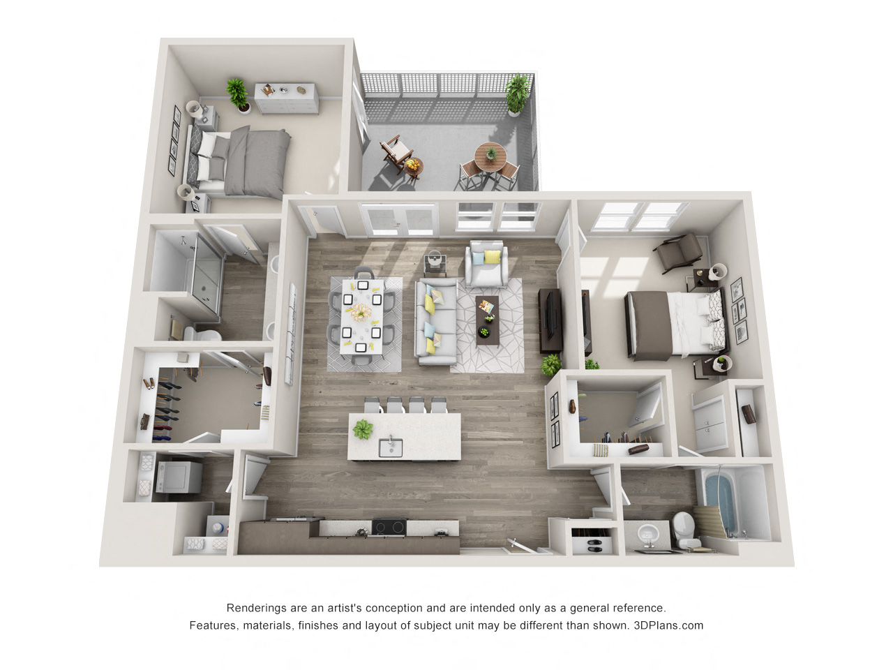 The Tango 3D with 2 Bedrooms, 2 Baths one with standalone shower. Kitchen with island open to living area
