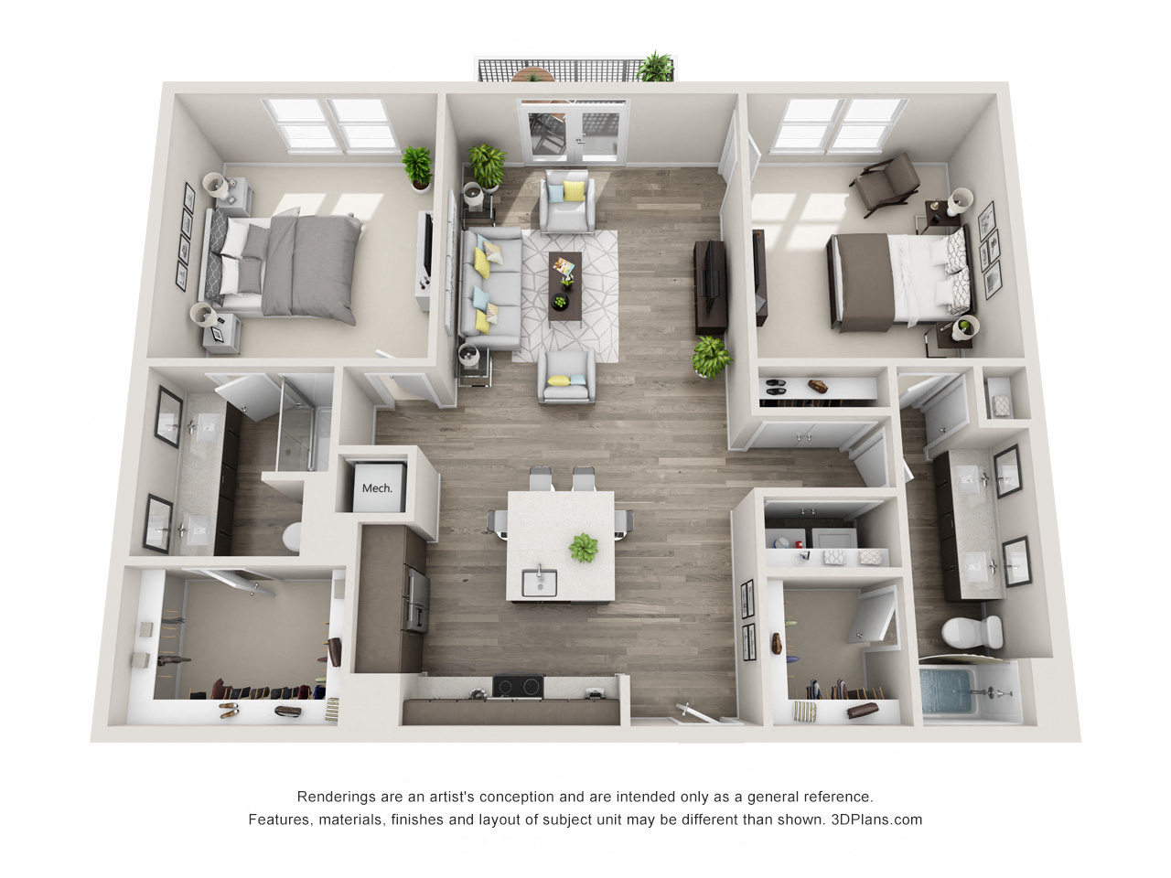 The Victor 3D floorplan with 2 bedrooms, 2 baths one with standalone shower. Kitchen with island open to Living area.