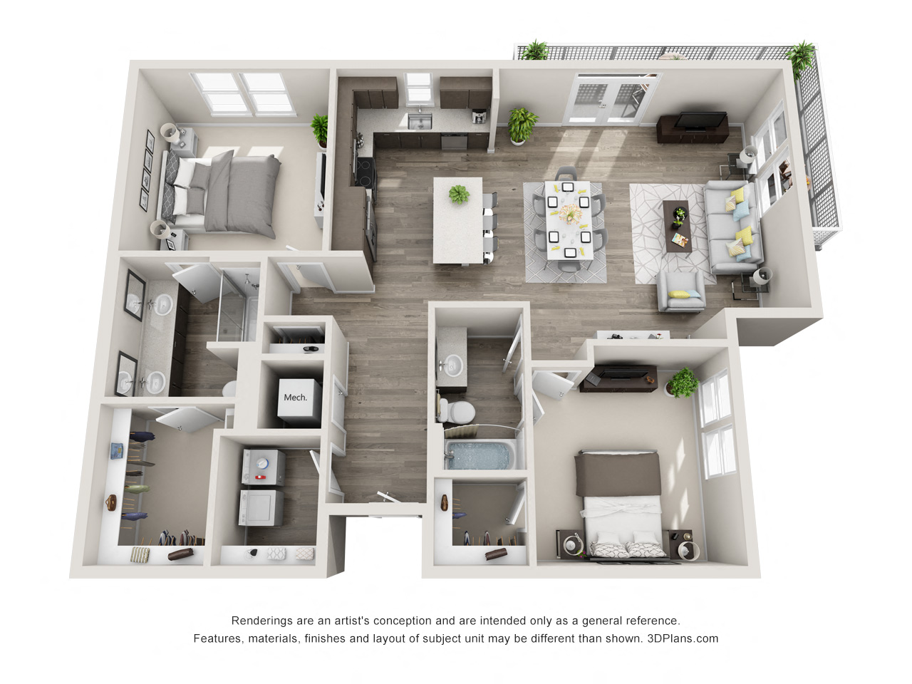 The Whiskey 3D floorplan with 2 bedrooms, 2 baths one with standalone shower. L shaped kitchen with island open to living area