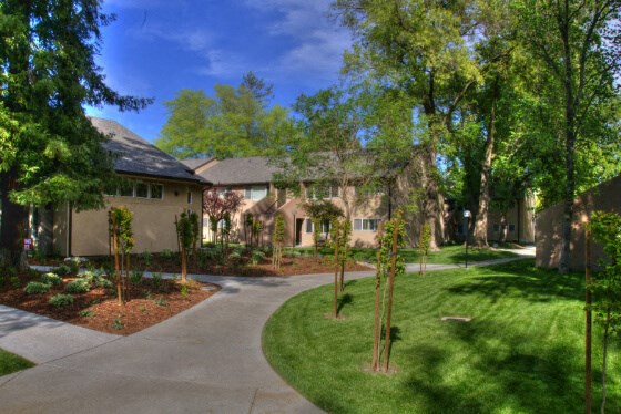 the front of a house with a driveway and trees