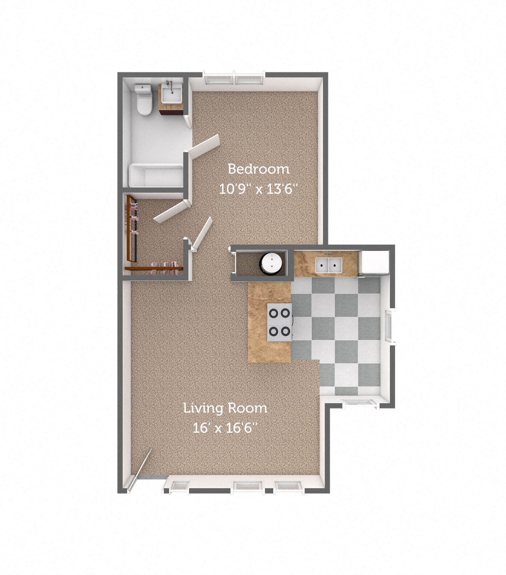 1 bedroom, 1 bathroom cottage floor plan