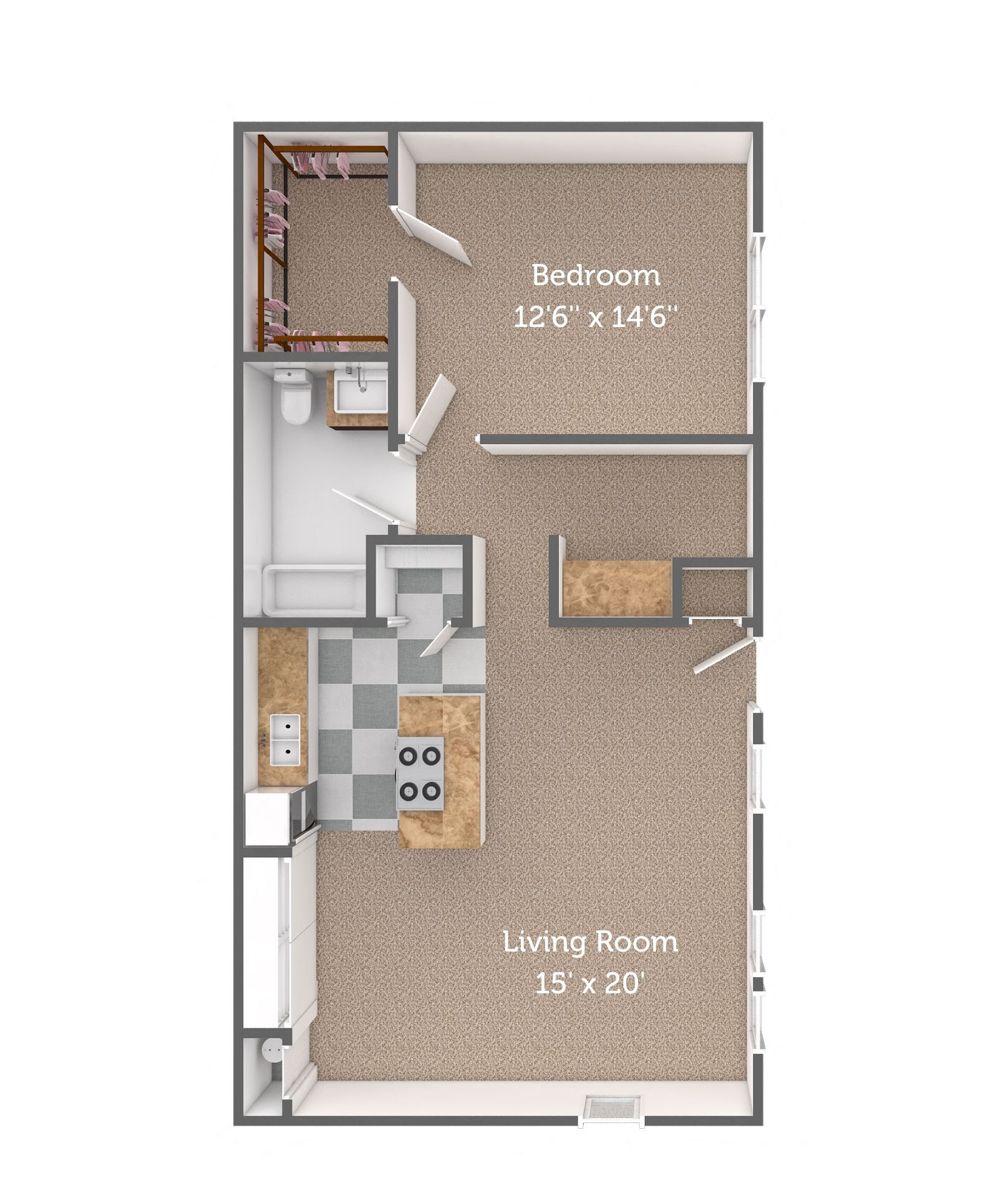 1 bedroom, 1 bathroom study floor plan