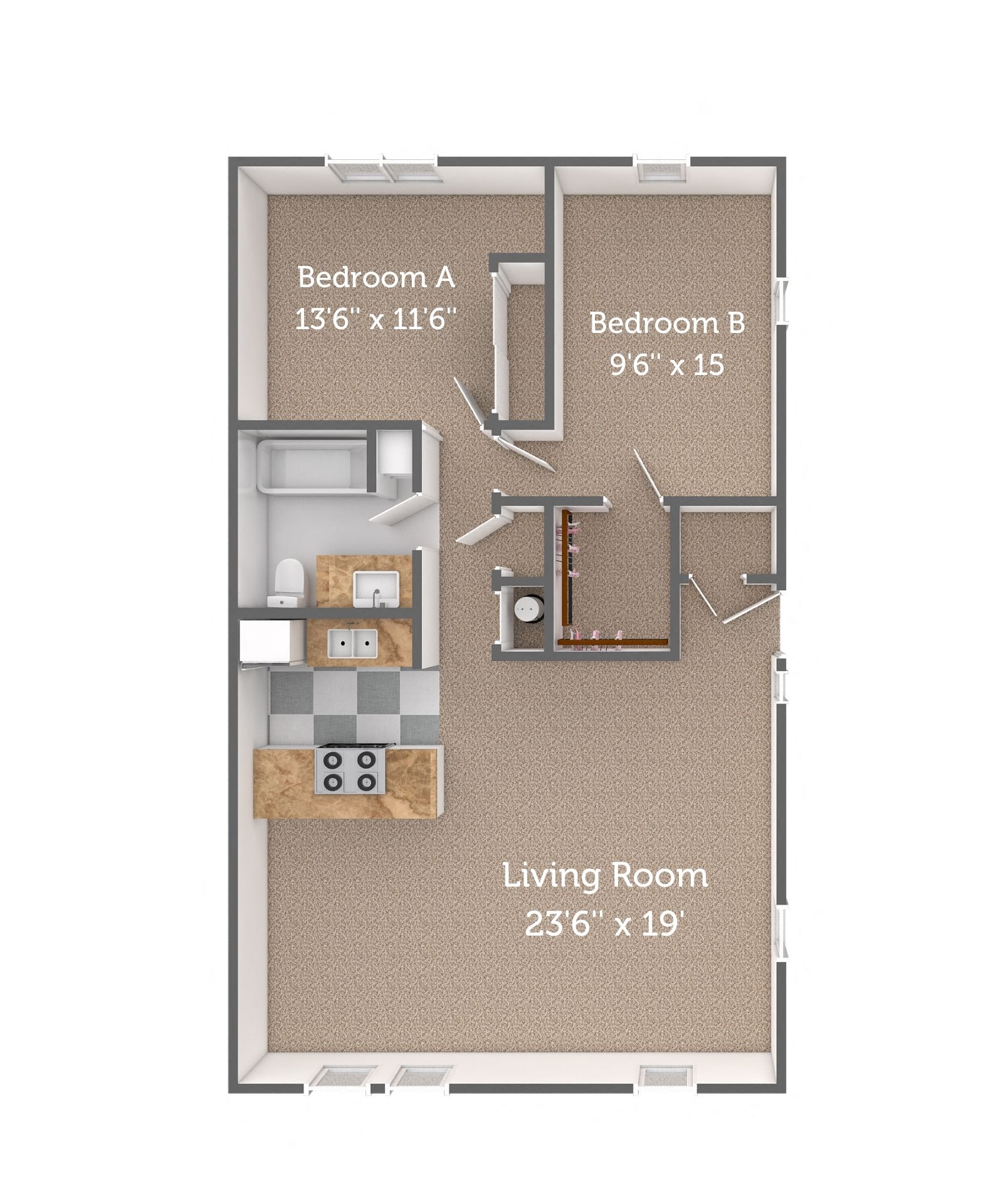 2 bedroom, 1 bathroom flat floor plan
