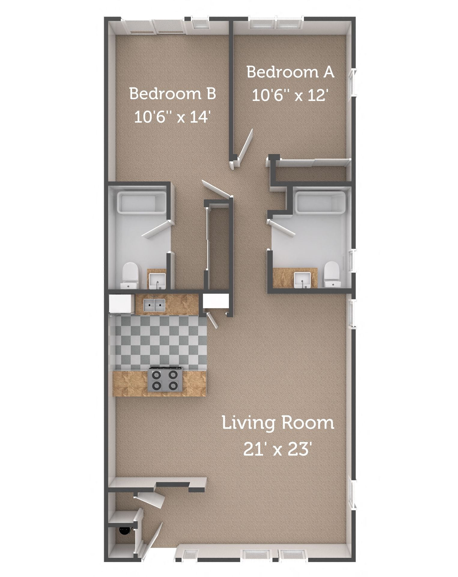 2 bedroom, 2 bathroom flat floor plan