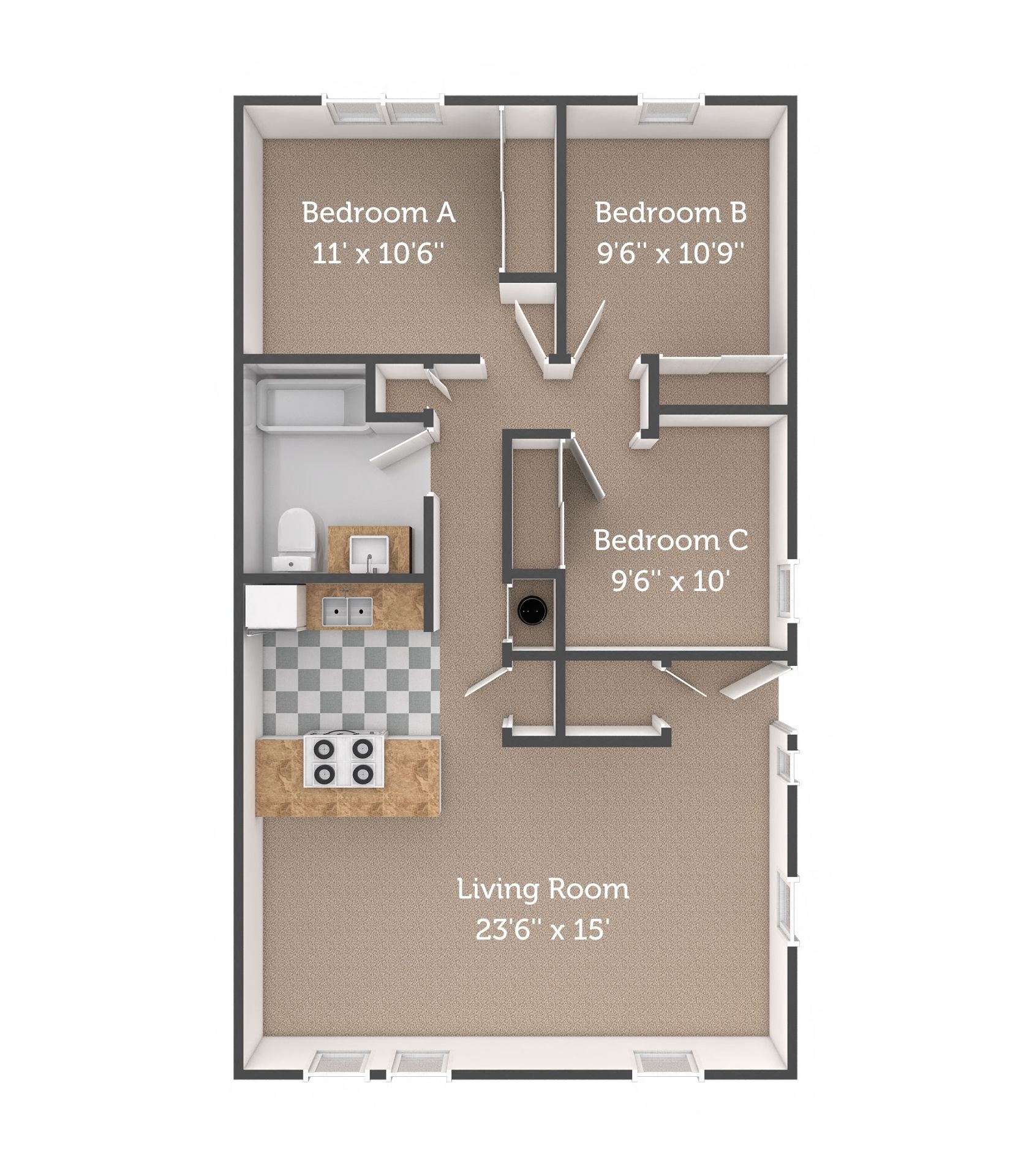 3 bedroom, 1 bathroom flat floor plan
