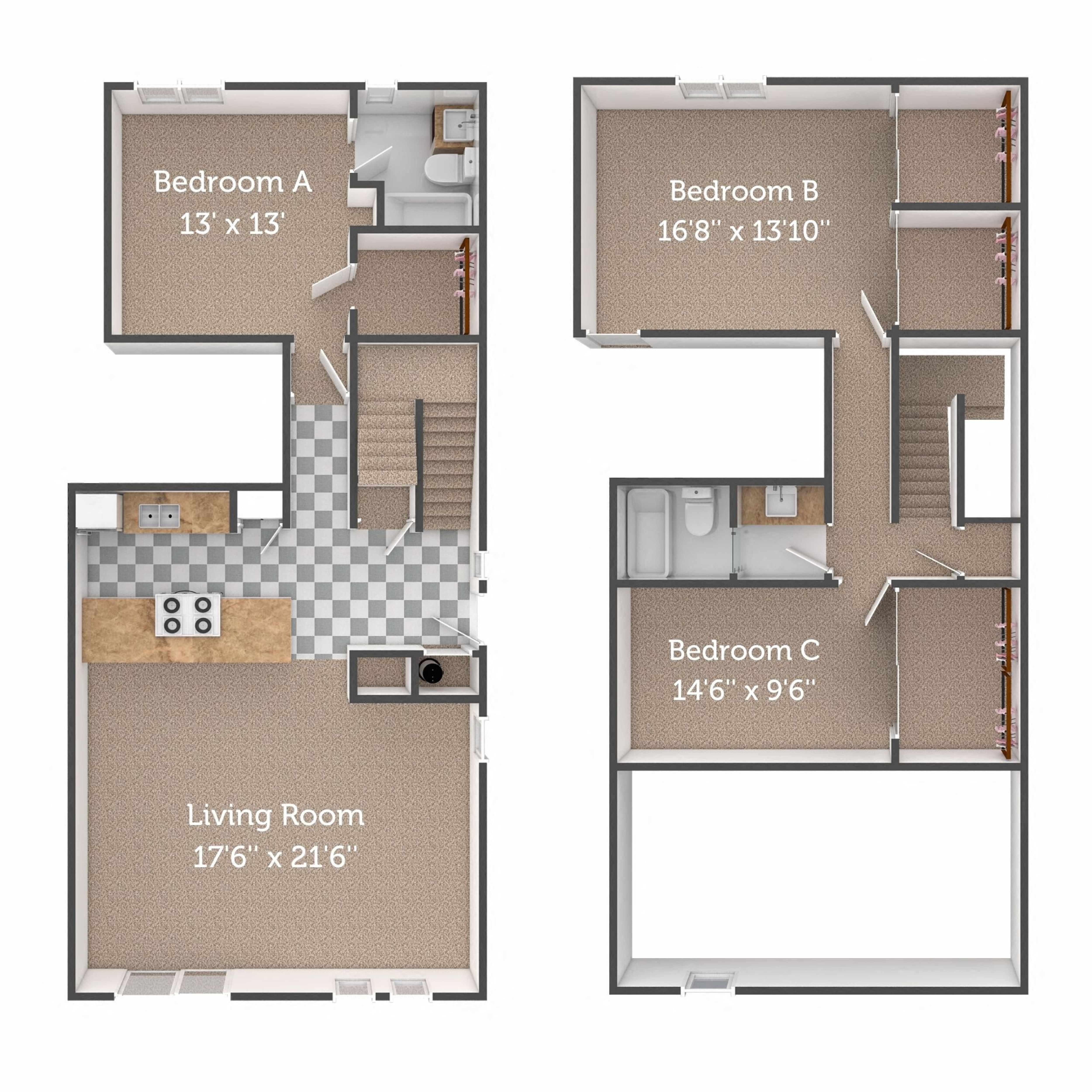 3x2 Town Home  (2 stories) Private or Shared Rooms Individual Lease Program