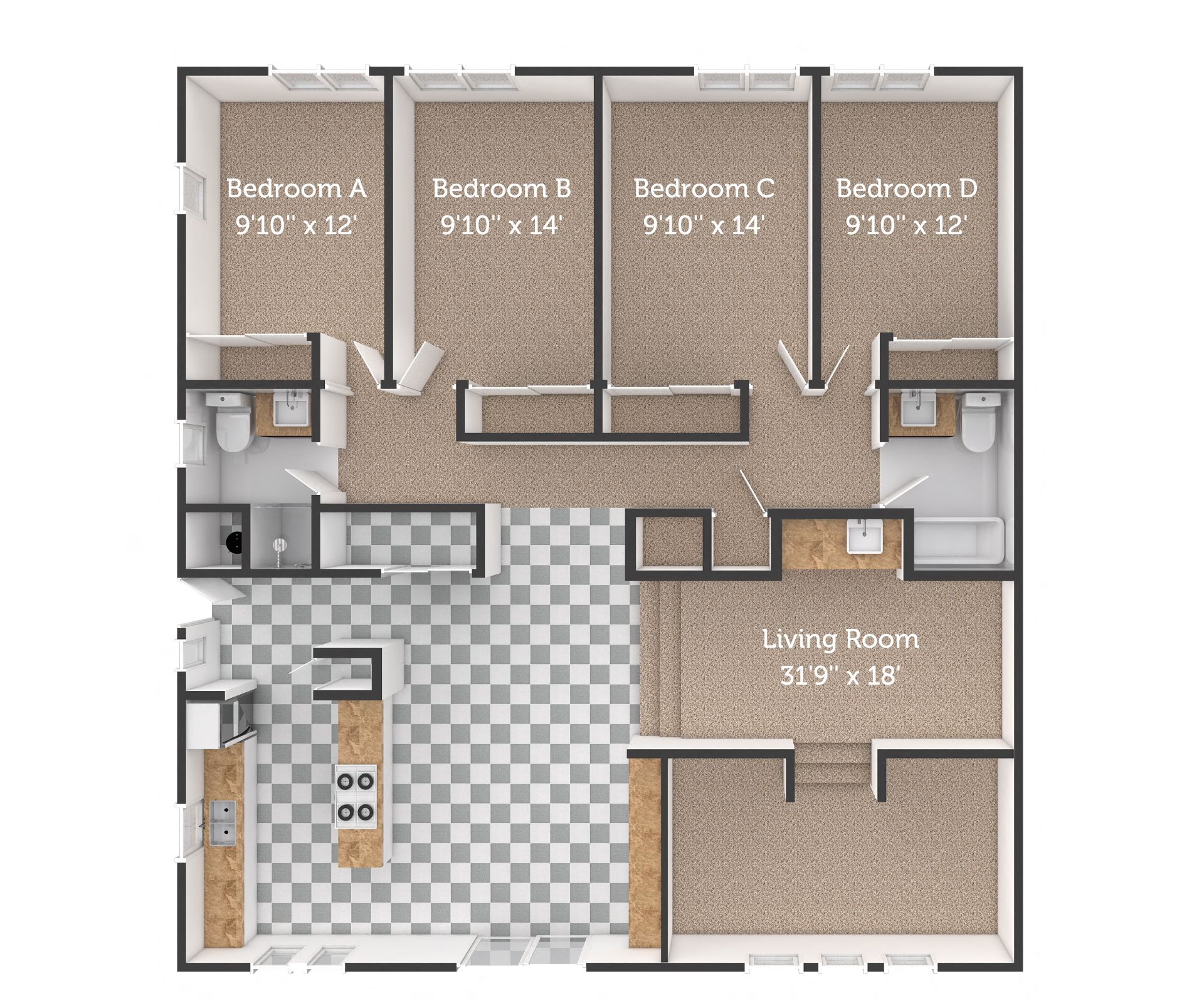 4 bedroom, 2 bathroom flat floor plan