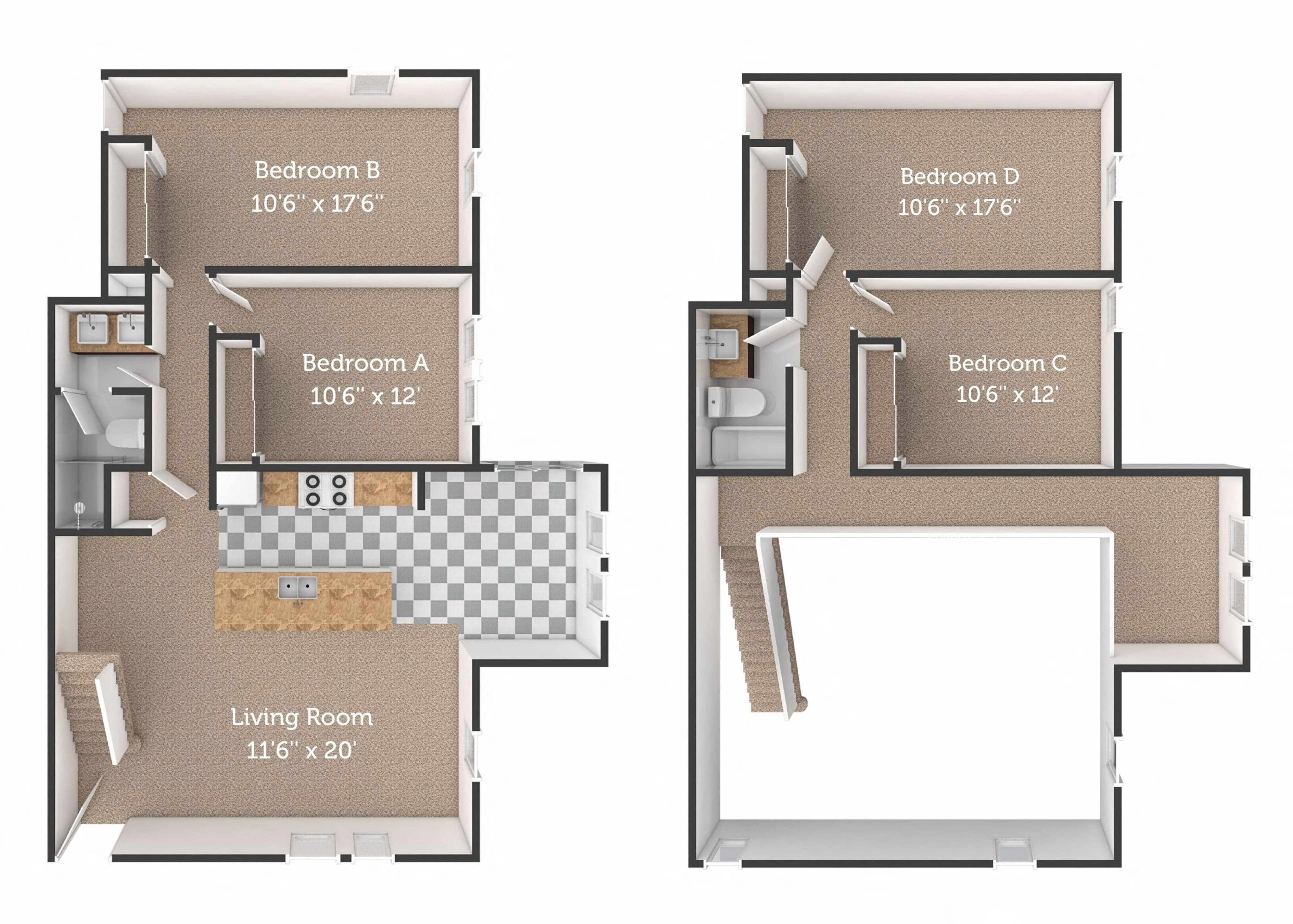 4x2 Town Home (2 stories) Private or Shared Rooms Individual Lease Program