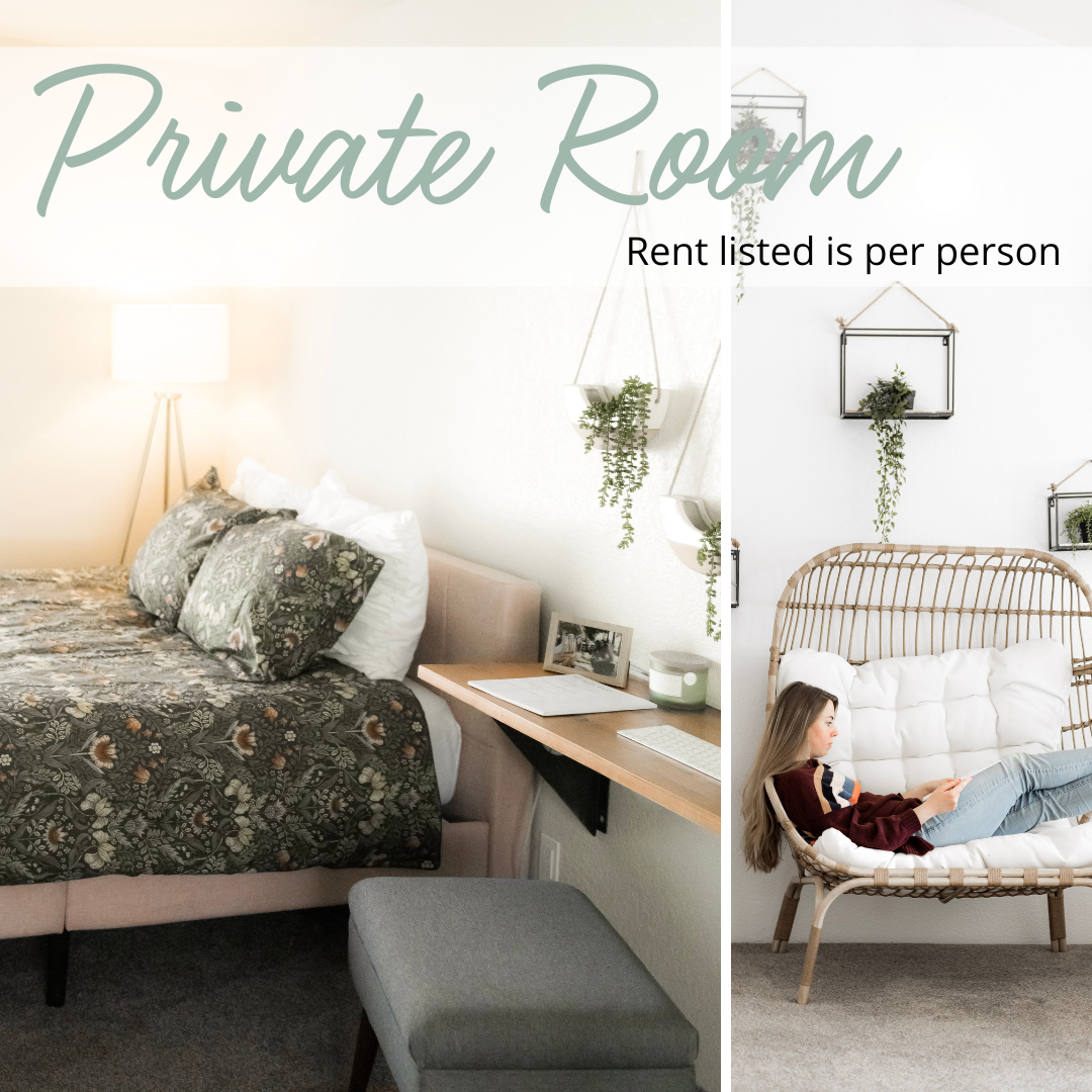 bedroom with one bed and girl relaxing reading a book
