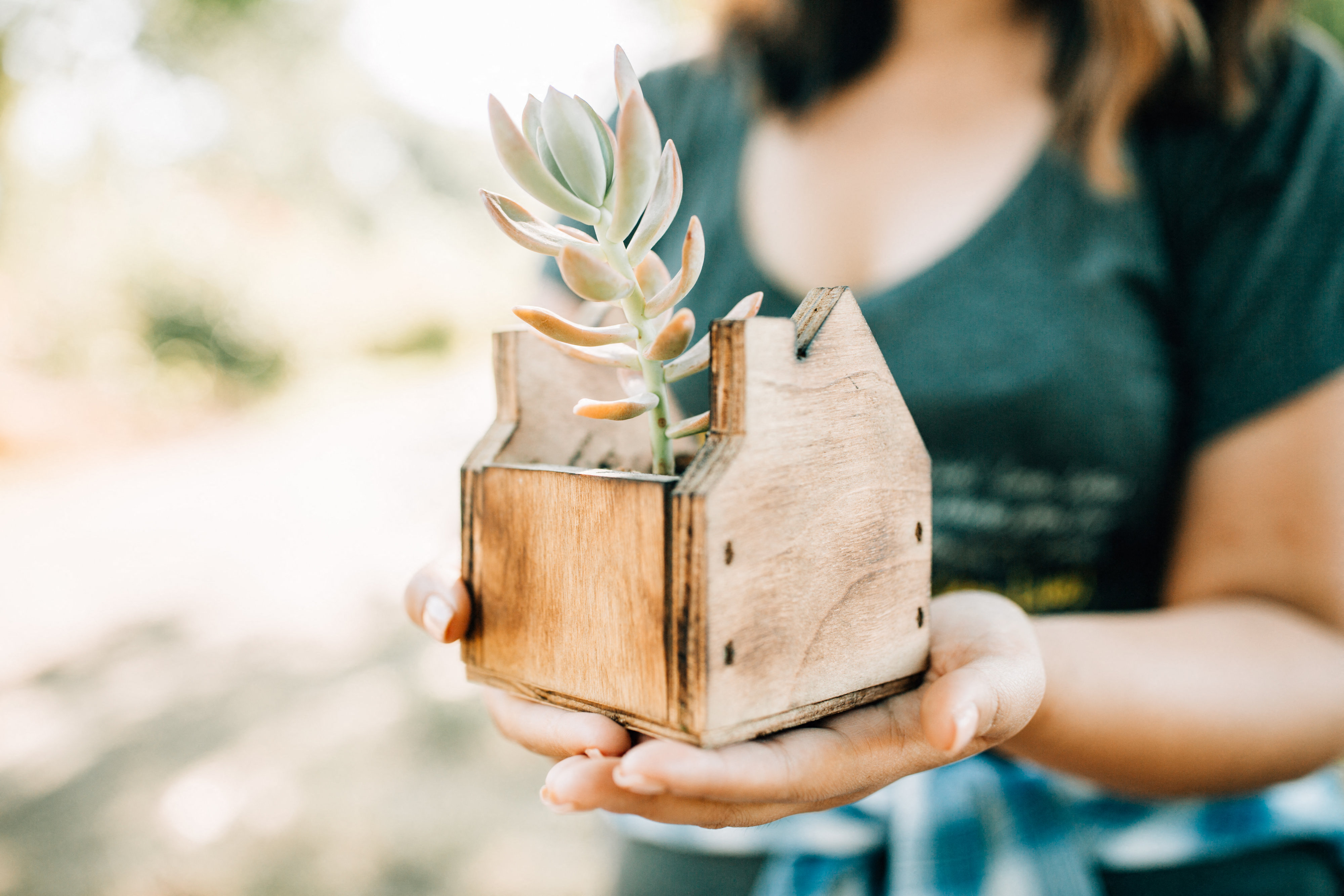 Young woman out of frame, holding a wooden planter box shaped like a house with a succulent planted inside