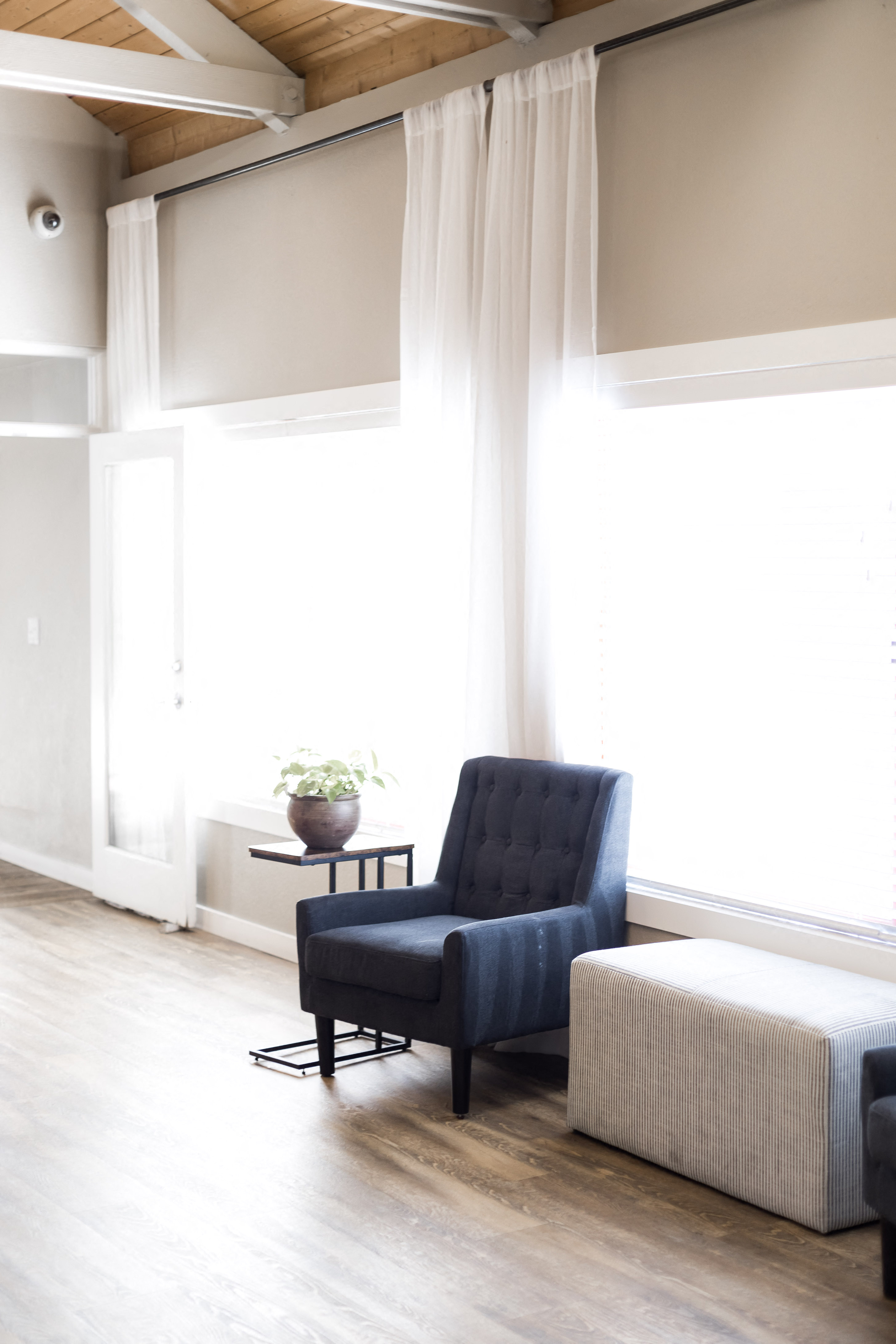 blue chair and plant in front of two large windows with white curtains