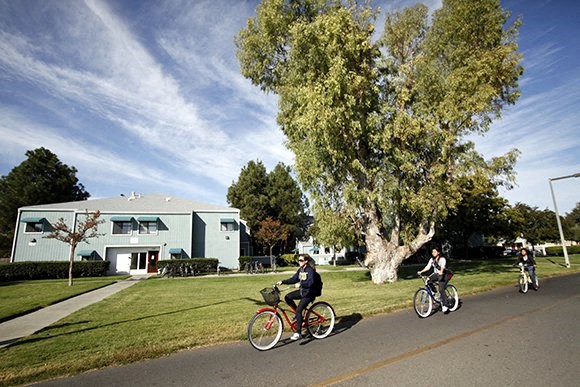 Person biking on UCD greenbelt near The Atriums