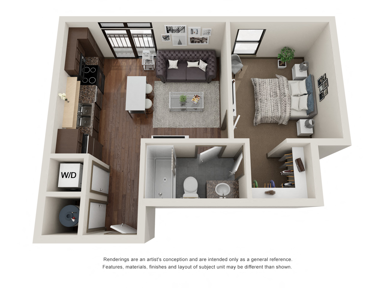 1 bed 1 bath floor plan J