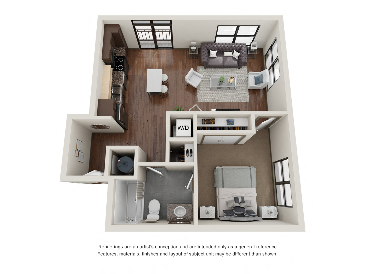 1 bed 1 bath floor plan K