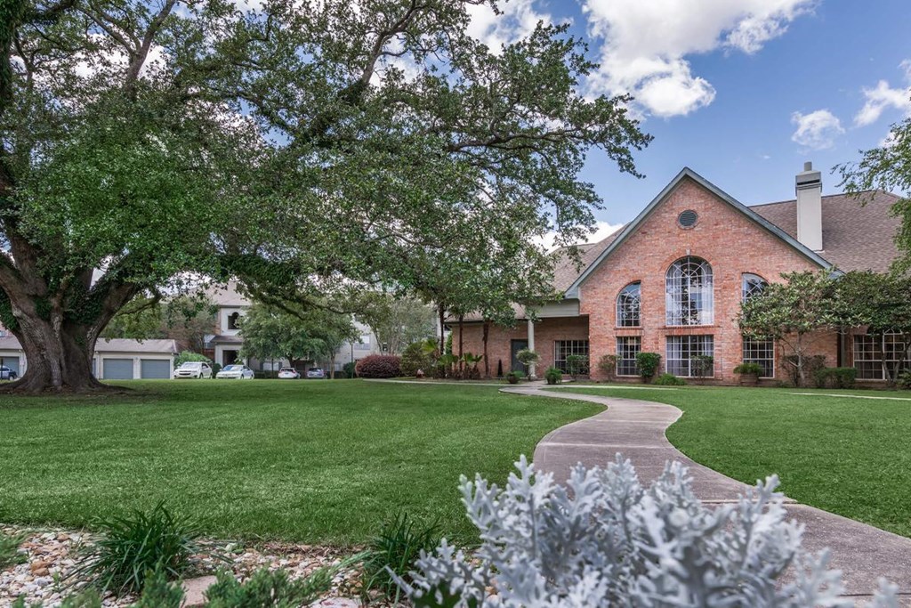 a walkway in front of a house with a lawn and tree