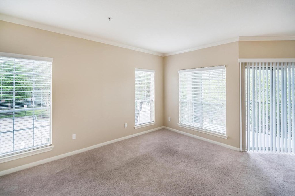 an empty living room with three windows and a carpet