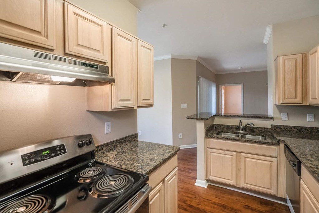 an empty kitchen with a stove and a sink