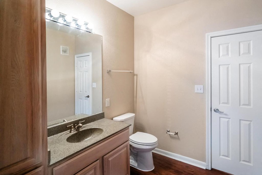 a bathroom with a sink toilet and a mirror