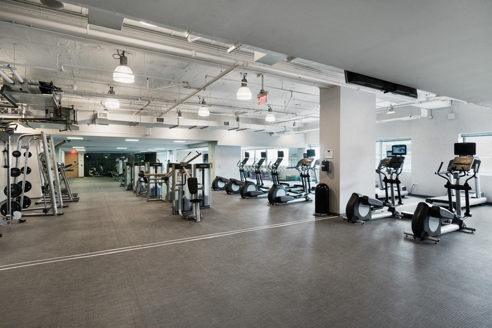 a gym with cardio equipment and weights in a building
