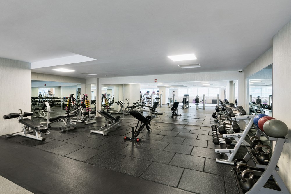 a large gym filled with weights and cardio equipment