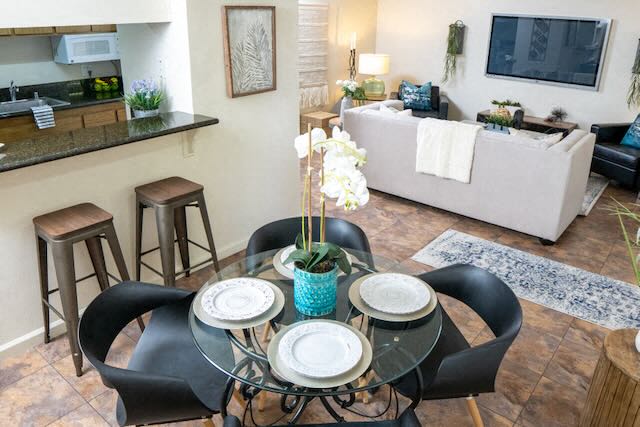 A kitchen in an updated apartment floor plan at Chautauqua.