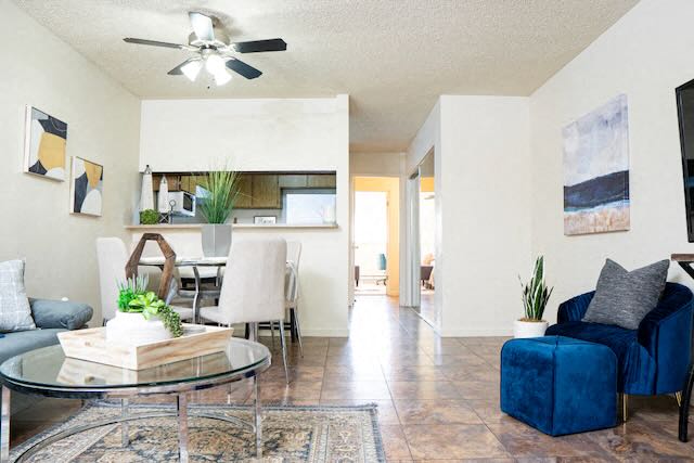 A living room in an updated apartment at Chautauqua.