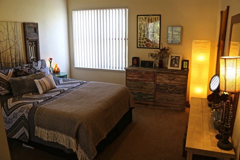 a bedroom with a bed and a dresser and a window