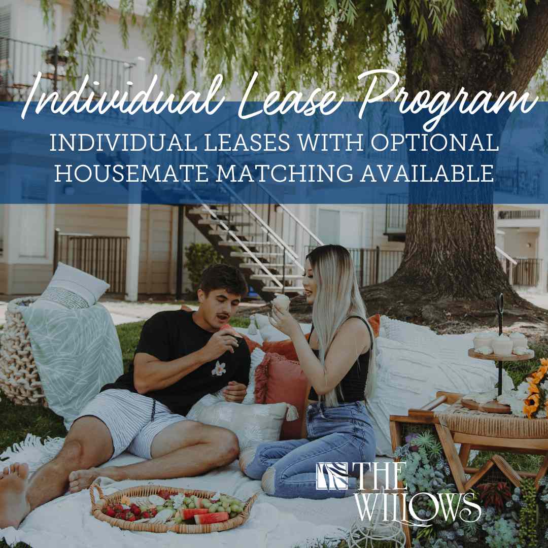 Residents sit under a willow tree. Text overlay reads "Individual Lease Program: Individual Leases with Housemate Matching Available."