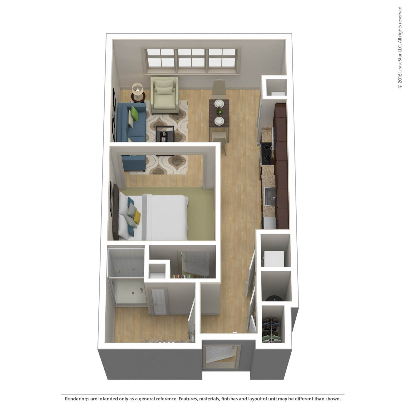 A 3D rendered image of a floor plan of an apartment.