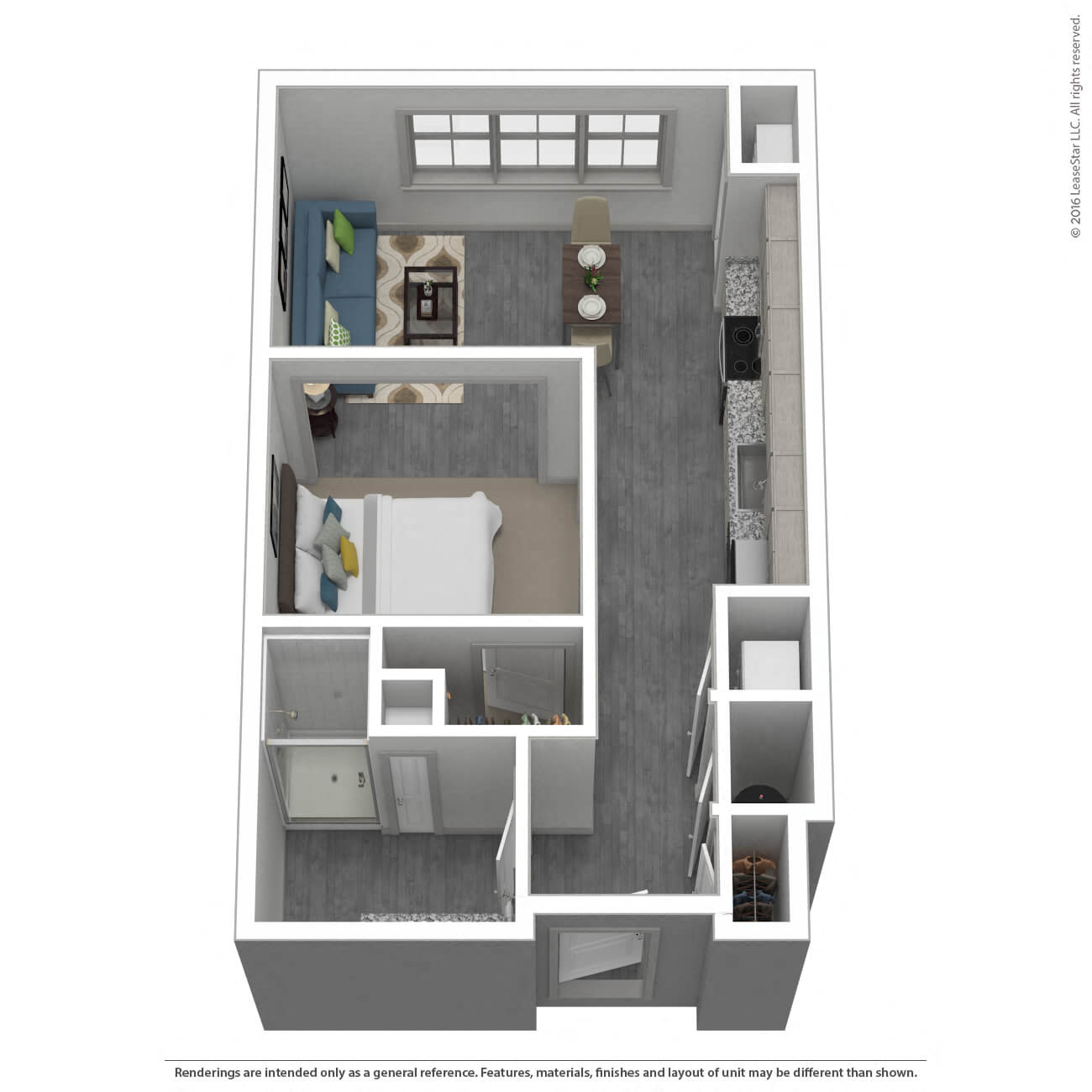 A 3D rendered image of a house layout.