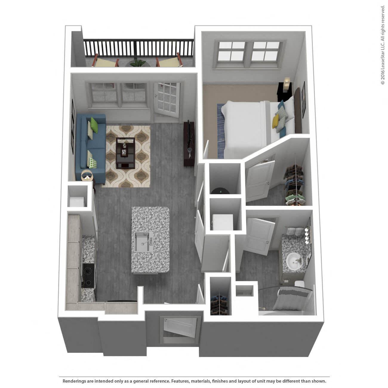 A floor plan of a small apartment with a kitchen, living room, and two bedrooms.