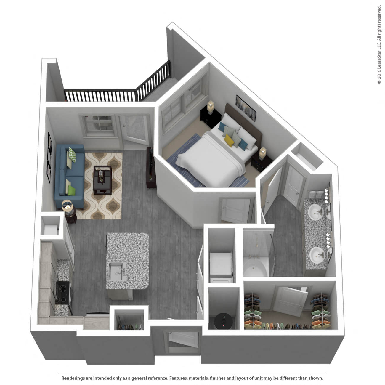 A 3D floor plan of a small apartment with a bedroom, living room, and kitchen.
