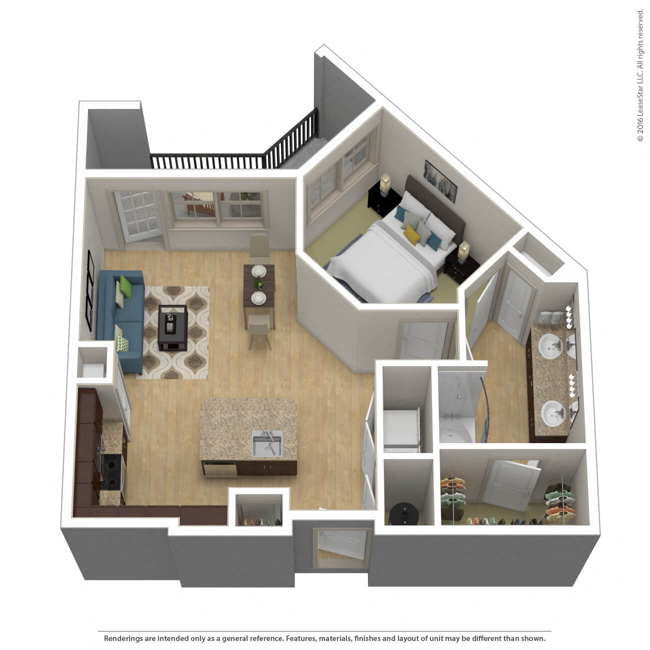 A 3D floor plan of a house with a kitchen, living room, and bedrooms.