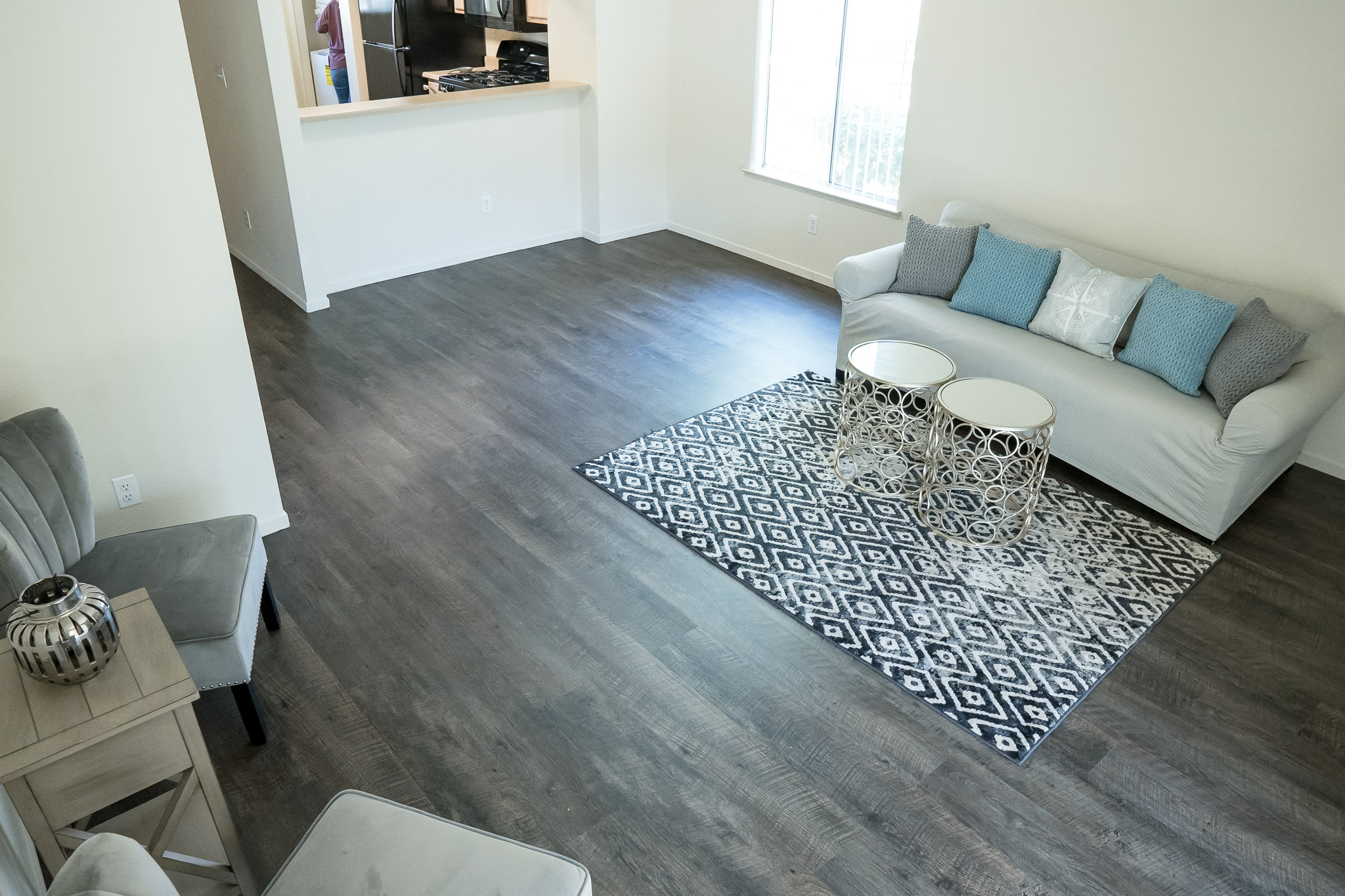 a living room with hardwood floors and a couch and a rug
