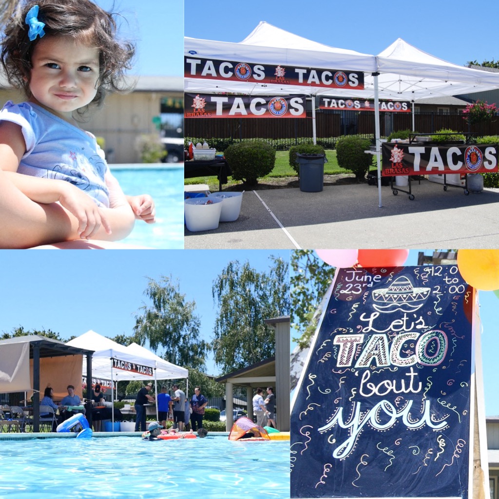 a collage of photos of tacos and tacos bout you and a little girl